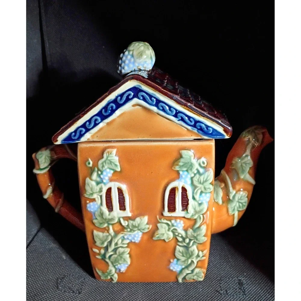 Vintage CBK Ltd Nouveau Majolica Cottage Teapot Ceramic Bird Vine House 1994